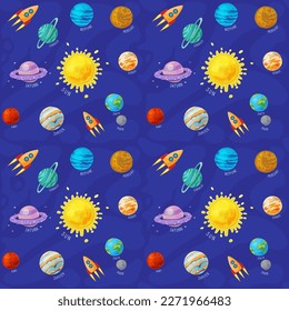 Seamless pattern with Planets of solar system cartoon set. Vector