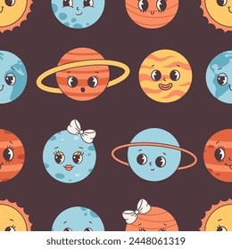Seamless pattern with planets and space. Cartoon planet characters. Vector illustration in flat style