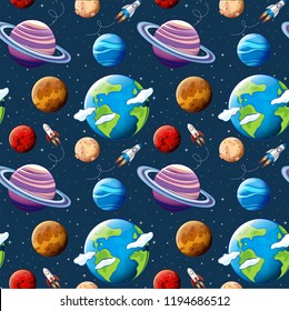 Seamless pattern planets and space illustration