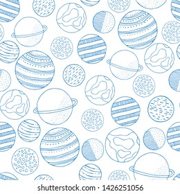 Seamless pattern with planets. Space kids background. Scandinavian blue design.