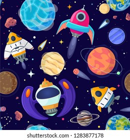 Seamless pattern of planets and spaceships in open space. Vector illustration cartoon style