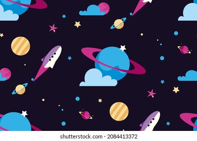 Seamless pattern with planets and spaceships. Texture with space objects in flat style.