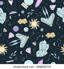 Nahtlose Muster mit Planeten, Sternen, Schmetterlingen, Diamanten, Blumen und Blättern