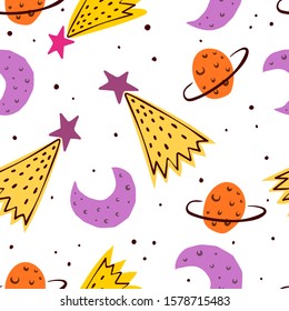 Seamless pattern with planets, stars, crescents, decor elements. colorful vector for kids. hand drawing. space theme. baby design for fabric, wrapper, textile, print