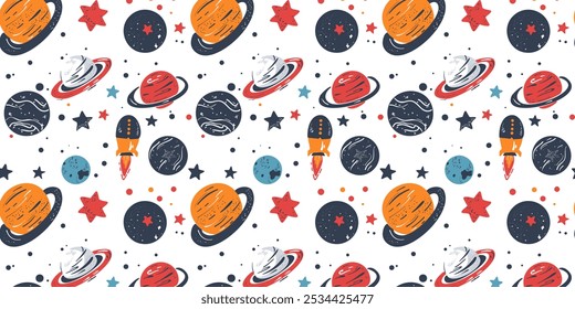 Seamless pattern with planets, stars, and flying rockets, drawn in a cartoon style, vector illustration for children's projects and space-themed designs