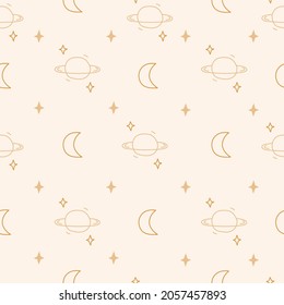 Seamless pattern with planets, stars and moon. Modern print for decor, backgrounds, fashion, wrapping paper, textiles, phone cases. Vector illustration.