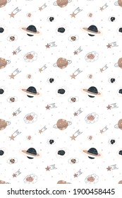 Seamless pattern with planets and stars in pastel colours. Great for kids nursery, wallpaper, textile and apparel. 