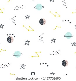 Seamless pattern with planets and stars. Perfect for kids fabric, textile, nursery wallpaper. Space background.