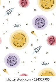 Seamless pattern with planets, stars and spaceships