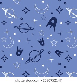 Seamless pattern with planets, stars and spaceships. Vector illustration.