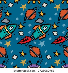 Patrón sin fisuras con planetas, estrellas y naves espaciales. Fondo azul oscuro. Ilustración vectorial.