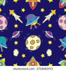 Patrón sin fisuras con planetas, estrellas y naves espaciales. Fondo azul oscuro. Ilustración vectorial.