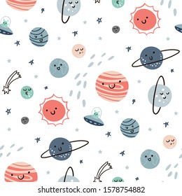 Seamless pattern with planets, stars, sun on white background. Solar system. Mercury, Venus, Earth, Mars, Jupiter, Saturn, Uran, Neptune