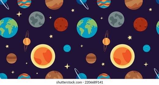 Seamless pattern with planets and stars. Universe. Illustration on a blue background. Vector illustration. cosmonautics day