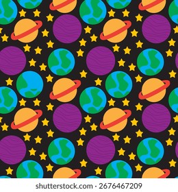 Nahtloses Muster von Planeten und Sternen in lebendigen Farben