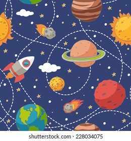 Seamless pattern with planets and the sun. EPS 10. Transparency. No gradients.