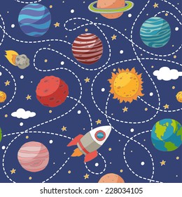 Seamless pattern with planets and the sun. EPS 10. Transparency. No gradients.