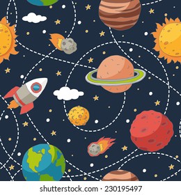 Seamless pattern with planets and the sun. EPS 10. Transparency. No gradients.