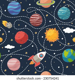 Seamless pattern with planets and the sun. EPS 10. Transparency. No gradients.