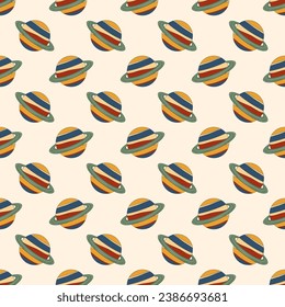 Seamless pattern with planets in a trendy retro groove 70s style.Vector illustration for design and print.