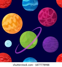 Seamless pattern of planets. Vector cartoon background. Flat design.