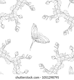 Seamless pattern. Plant in blossom, branch with flower ink sketch. Template for a business card, banner, poster, notebook, invitation, color book. Vector illustration for your design