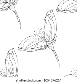 Seamless pattern. Plant in blossom, branch with flower ink sketch. Template for a business card, banner, poster, notebook, invitation, color book. Vector illustration for your design