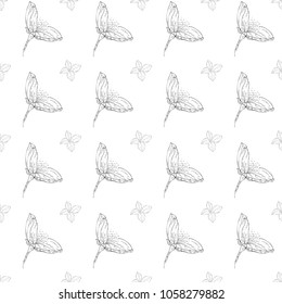 Seamless pattern. Plant in blossom, branch with flower ink sketch. Template for a business card, banner, poster, notebook, invitation, color book. Vector illustration for your design