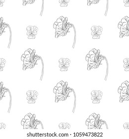 Seamless pattern. Plant in blossom, branch with flower ink sketch. Template for a business card, banner, poster, notebook, invitation, colorbook. Vector illustration for your design