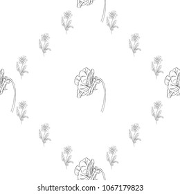 Seamless pattern. Plant in blossom, branch with flower ink sketch. Template for a business card, banner, poster, notebook, invitation, color book. Vector illustration for your design