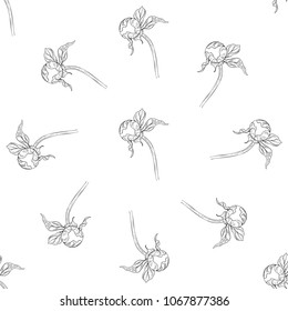 Seamless pattern. Plant in blossom, branch with flower ink sketch. Template for a business card, banner, poster, notebook, invitation, color book. Vector illustration for your design
