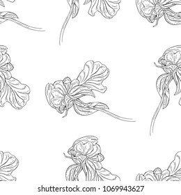 Seamless pattern. Plant in blossom, branch with flower ink sketch. Template for a business card, banner, poster, notebook, invitation, color book. Vector illustration for your design