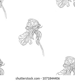 Seamless pattern. Plant in blossom, branch with flower ink sketch. Template for a business card, banner, poster, notebook, invitation, color book. Vector illustration for your design