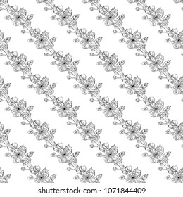 Seamless pattern. Plant in blossom, branch with flower ink sketch. Template for a business card, banner, poster, notebook, invitation, color book. Vector illustration for your design