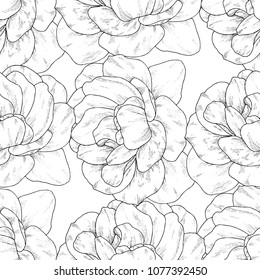 Seamless pattern. Plant in blossom, branch with flower ink sketch. Template for a business card, banner, poster, notebook, invitation, color book. Vector illustration for your design