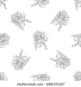 Seamless pattern. Plant in blossom, branch with flower ink sketch. Template for a business card, banner, poster, notebook, invitation, color book. Vector illustration for your design