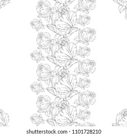 Seamless pattern. Plant in blossom, branch with flower ink sketch. Template for a business card, banner, poster, notebook, invitation, color book. Vector illustration for your design