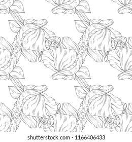 Seamless pattern. Plant in blossom, branch with flower ink sketch. Template for a business card, banner, poster, notebook, invitation, color book. Vector illustration for your design