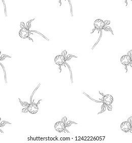 Seamless pattern. Plant in blossom, branch with flower ink sketch. Template for a business card, banner, poster, notebook, invitation, color book. Vector illustration for your design