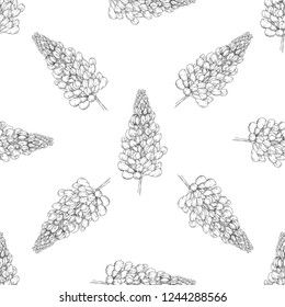 Seamless pattern. Plant in blossom, branch with flower ink sketch. Template for a business card, banner, poster, notebook, invitation, color book. Vector illustration for your design