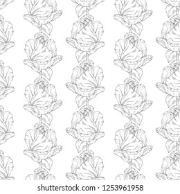 Seamless pattern. Plant in blossom, branch with flower ink sketch. Template for a business card, banner, poster, notebook, invitation, color book. Vector illustration for your design