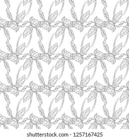 Seamless pattern. Plant in blossom, branch with flower ink sketch. Template for a business card, banner, poster, notebook, invitation, color book. Vector illustration for your design