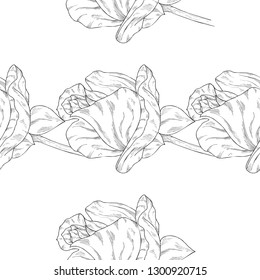 Seamless pattern. Plant in blossom, branch with flower ink sketch. Template for a business card, banner, poster, notebook, invitation, color book. Vector illustration for your design