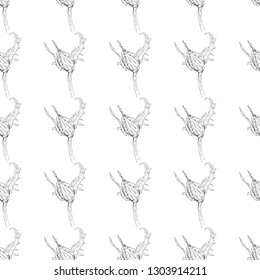 Seamless pattern. Plant in blossom, branch with flower ink sketch. Template for a business card, banner, poster, notebook, invitation, color book. Vector illustration for your design