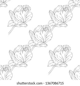 Seamless pattern. Plant in blossom, branch with flower ink sketch. Template for a business card, banner, poster, notebook, invitation, color book. Vector illustration for your design