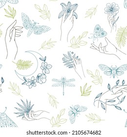 Seamless pattern of plant branches with leaves, palms, butterflies and dragonflies.