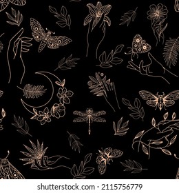 Seamless pattern of plant branches with leaves, palms, butterflies and dragonflies, gold on a black background.