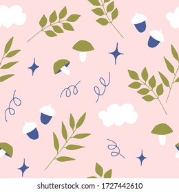 Nahtloses Muster mit Pflanzenzweigen, Pilzen, Eicheln, Sternen, Wolken und wirbeln auf einem weichen rosa Hintergrund. Vector-Abbildung.