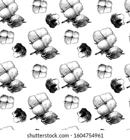 seamless pattern with plant pattern cotton, sketch vector graphics monochrome illustration on white background