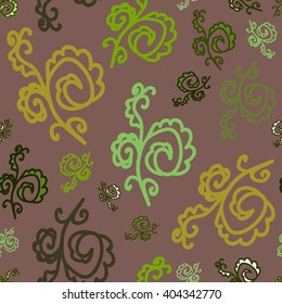 Seamless pattern of plant elements. Desaturated dark red background. It can be used for printing on packaging, bags, cups, laptop, etc. Vector.